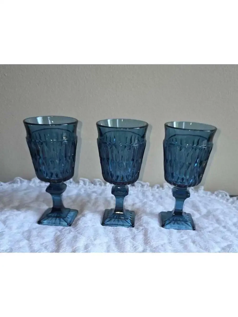 Vintage Blue Pressed Glass Goblets Set of 3 Square Foot Pedestal Wine Water